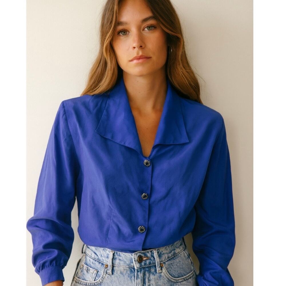 Vintage Cobalt Blue Satin Blouse Rhinestone Buttons Timeless Effortless Elegance